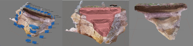 Exemple d’acquisition photogrammétrique d’une coupe de fossé du monument princier de Lavau, en différentes étapes de calcul sur le logiciel Agisoft Photoscan.