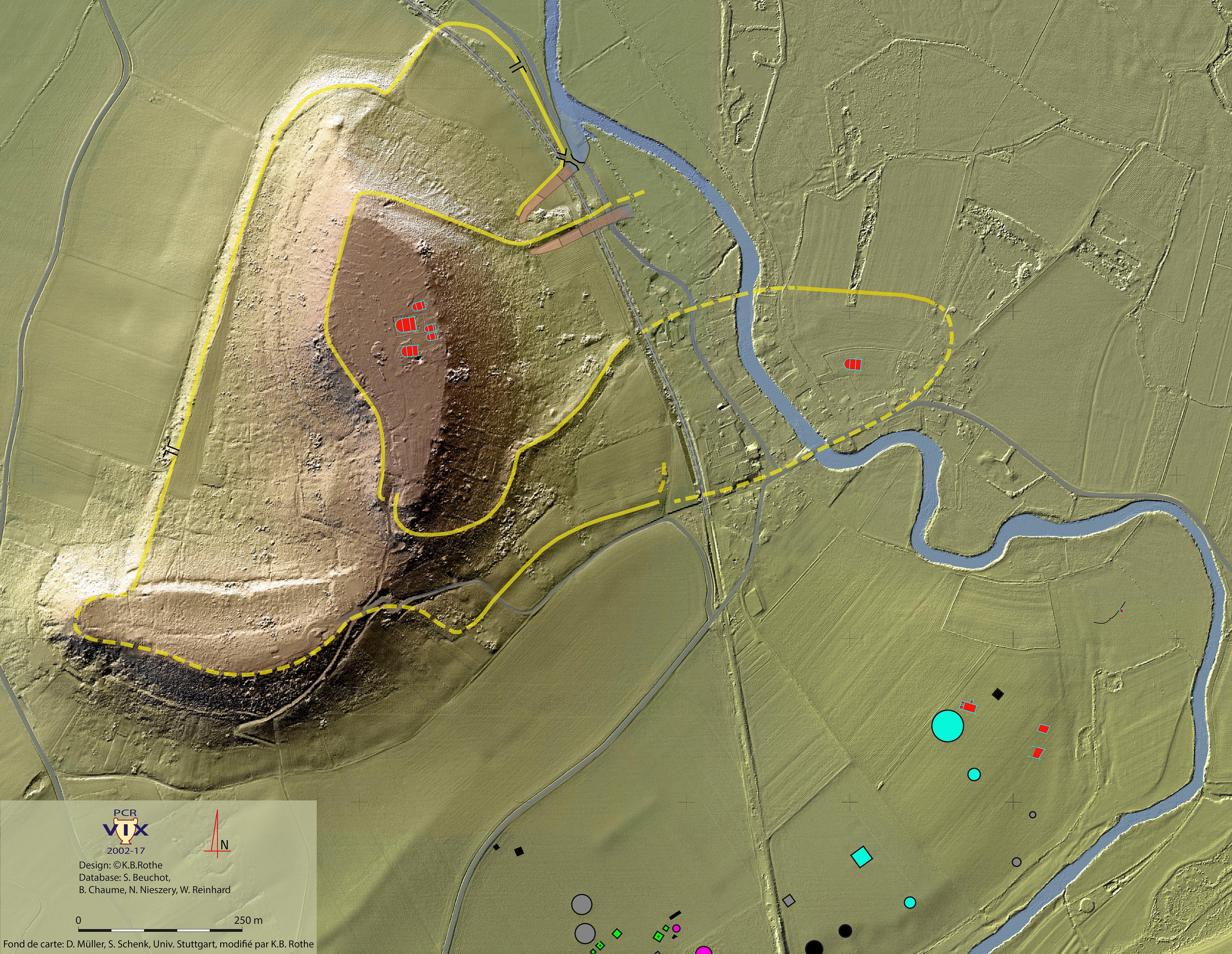 Vue de l’implantation des structures archéologiques sur le mont Lassois et dans la plaine de Vix